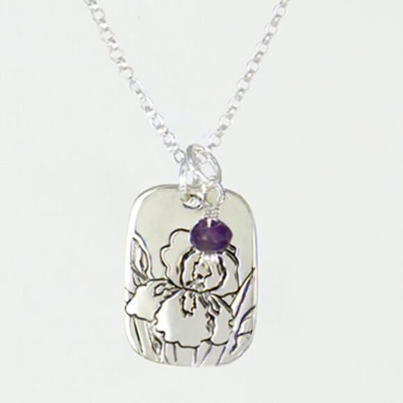 Far Fetched Amethyst Iris Flower Quote Pendant Necklace 925 Sterling Silver - Picture 1 of 4